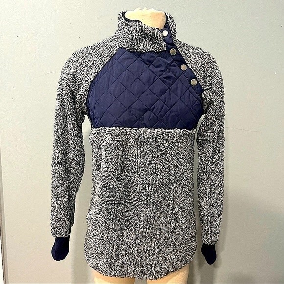 Grey & Navy Blue Color Block Stand Collar Snaps Long Sleeve Fuzzy Pullover Med - Picture 1 of 6